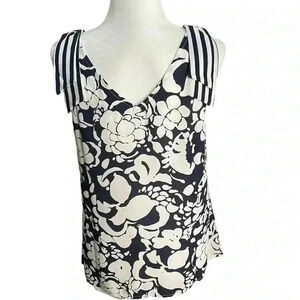 CAbi Mia Navy White Striped Floral Tie/Bow Shoulders Size S
